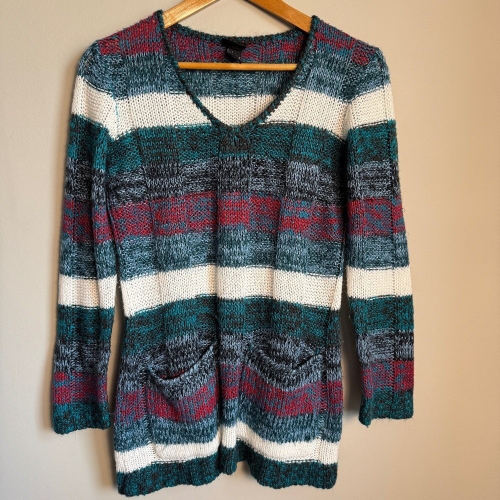 Rue 21 Long Sleeve Striped Pocket Sweater Women Large Multicolor Y2K Boho Preppy